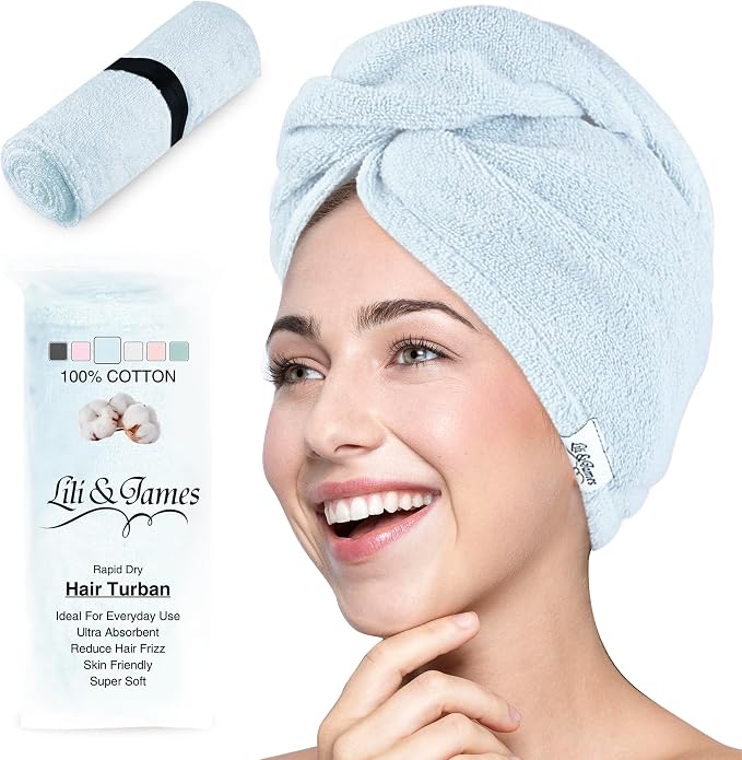 Lili&James 100% Cotton Hair Towel Wrap for Women & Kids – 420 GSM Quick Dry Hair Turban with Double Button Loop, Anti Frizz Non Microfiber Hair Drying Towel for Curly, Long & Thick Hair (Blue)