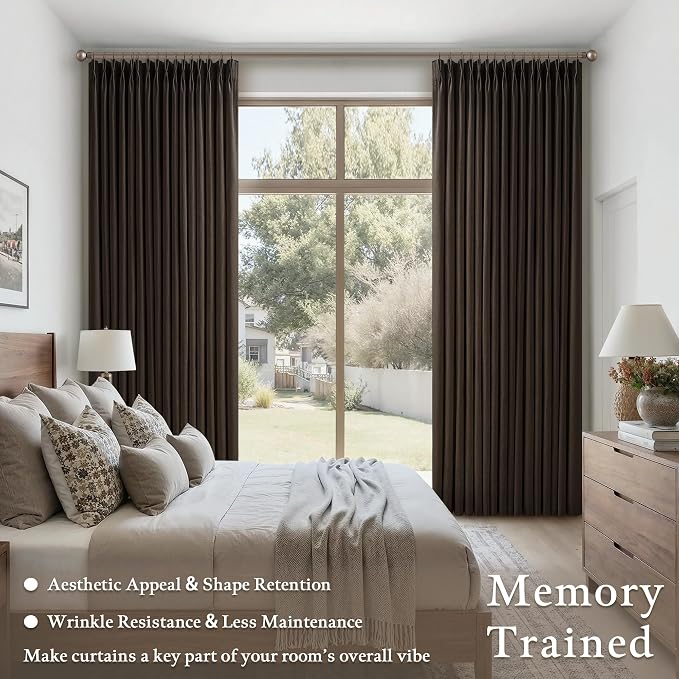 Dark Chocolate 120 Inch Pinch Pleated Linen Curtains 2 Panels Set for Living Room Bedroom Boho Farmhouse Light Filtering Semi Sheer Back Tab Pinch Pleat Hooks Rings Window Curtain 120 Inches Long