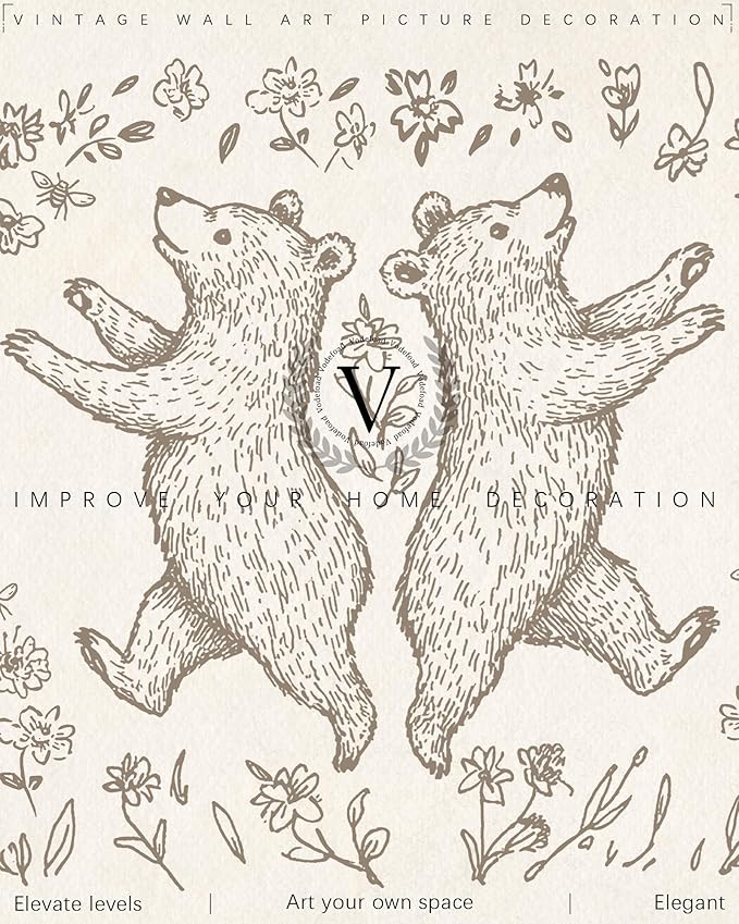 Vodefoad Bear Sketch Vintage Wall Art Retro Nursery Cheerful Bear Art Print Neutral Cottagecore Nursery Decor Farmhouse Rustic Bears Wall Decor for Gallery Nursery Bedroom Bathroom Office - 8x10Inch Unframe