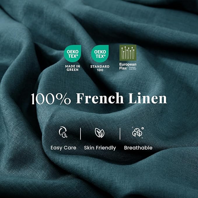 S VICTORY SYMBOL 100% Organic Linen Duvet Cover Set 3 Pieces,Pure Natural French Flax Bedding Set,1 Comforter Cover and 2 Pillowcases,Solid Color Bedding Full Size(Sea Blue)
