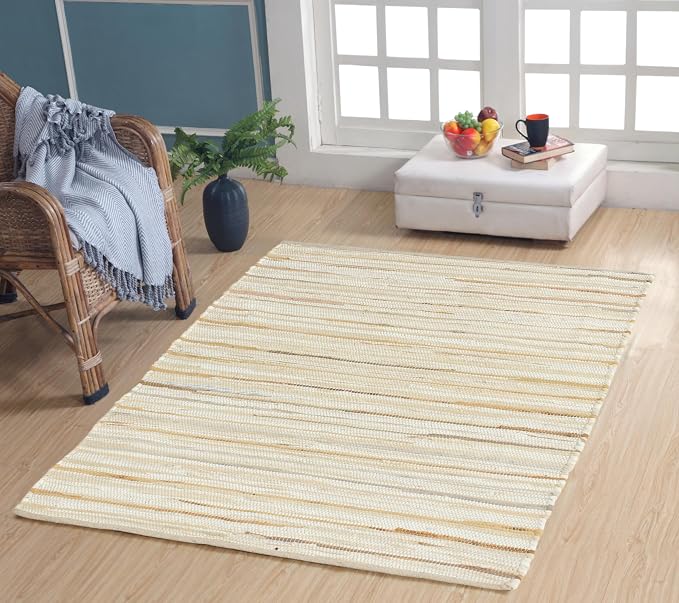 Handmade Cotton Chindi Rug Runner Area Rag Washable Recycled Rugs for Home Décor, Living Room and Bedroom (Beige, 4X6 Feet)