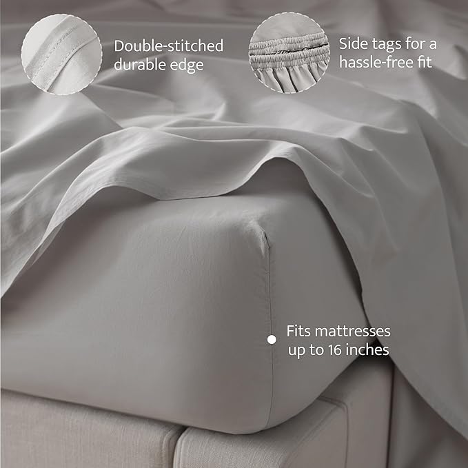 Double Stitch 100% Organic Cotton Sheets, Queen Sheet Set, GOTS Certified Long Staple Cotton Bedsheets, Luxury & Soft Hotel Bed Sheets with 16 inches Deep Pocket, Made in India Light Grey