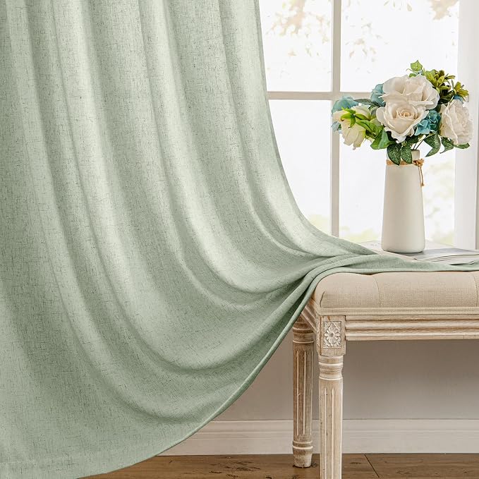 MIULEE Non-See-Through Privacy Linen Curtains 2 Panels, Sage Green Light Filtering Window Curtains 96 Inches Long, Farmhouse Textured Back Tab Semi Sheer Drapes for Bedroom Living Room, Light Green