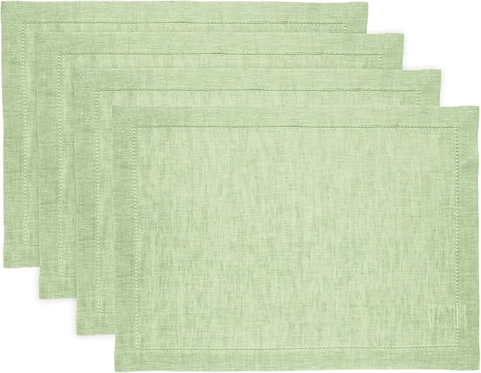Solino Home Linen Placemats Set of 4 - Milan Hemstitch Pistachio Placemats 14 x 19 Inch - 100% Pure Linen Table Mats for Summer
