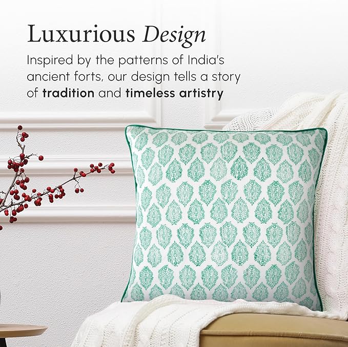 CPC 100% Cotton Throw Pillow Covers 18x18 Inch, Set of 2 Green Block Print Pattern Couch Pillow, Cute Boho Decorative Pillows for Living Room, Bedroom with Hidden Zipper- Sea Green