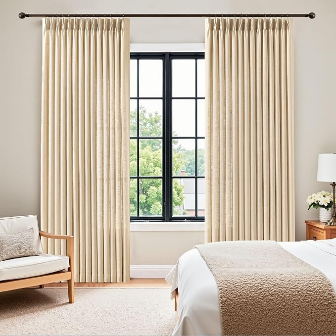 IVAPUPU Sand Beige Pinch Pleated Curtains 102 Inch Long for Living Room, Extra Wide Semi Sheer Drapes Back Tab Hooks Rings Light Filtering Privacy Modern Linen Curtain for Bedroom, 1 Panel, W60xL102