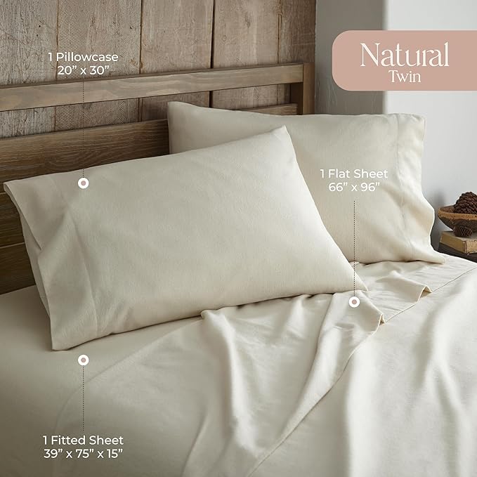 100% Organic Flannel Sheets Twin Size - GOTS Certified 100% Cotton Flannel Sheets Set with Comfortable Soft Brushed Finish & Deep Pocket - 1 Flat 1 Fitted & 1 Pillowcase (Natural, Twin)