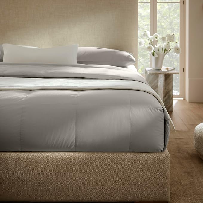 BOLL & BRANCH Percale Quilted Down Alternative Comforter - Twin/Twin XL, Pewter - Duvet Insert and Cover in One Layer - All-Season, Luxury Organic Cotton, Hypoallergenic Primaloft - 1 Comforter