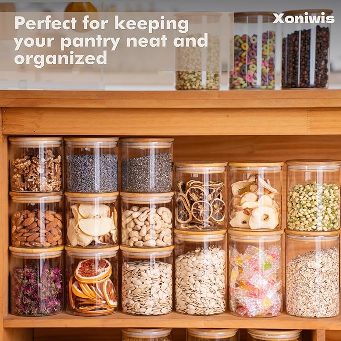 6-Pack 0.6Qt Small Round Glass Storage Jars with Bamboo Lids, Pantry Storage Containers for Neat Organization, Ideal for Minimalist Kitchen Organizer, Nut, Coffee Beans, Cookie, Candy, Tea
