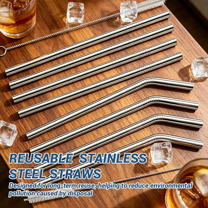 8 Pcs Metal Straws Reusable, 8.5" x 8 mm Reusable Metal Straws Stainless Steel Straws with 2 Cleaning Brush, 4 Straight 4 Bent Metal Drinking Straw for Cocktail Coffee Beverage