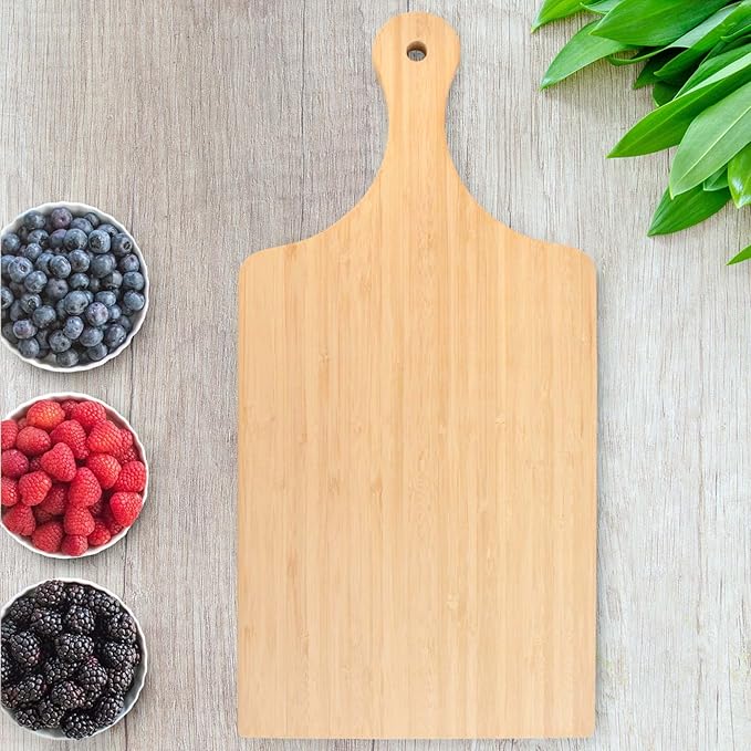 BambooMN Bamboo Paddle Cutting and Serving Board, Charcuterie Boards for Meat, Vegetables, Fruits, Bread, Kitchen Cutting Board with Handle - 17" x 8" x 0.75" - 100 Pieces