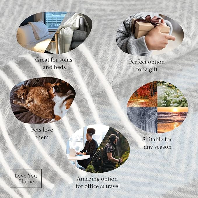 LYHome Merino Wool Blanket - Warm Throw for Cold Weather, Warmest Travel Outdoor Camping Blankets, Picnic Army and Military Throws, Comforter Soft & Cozy (55" x 79" Grey with Blue and White Stripes)