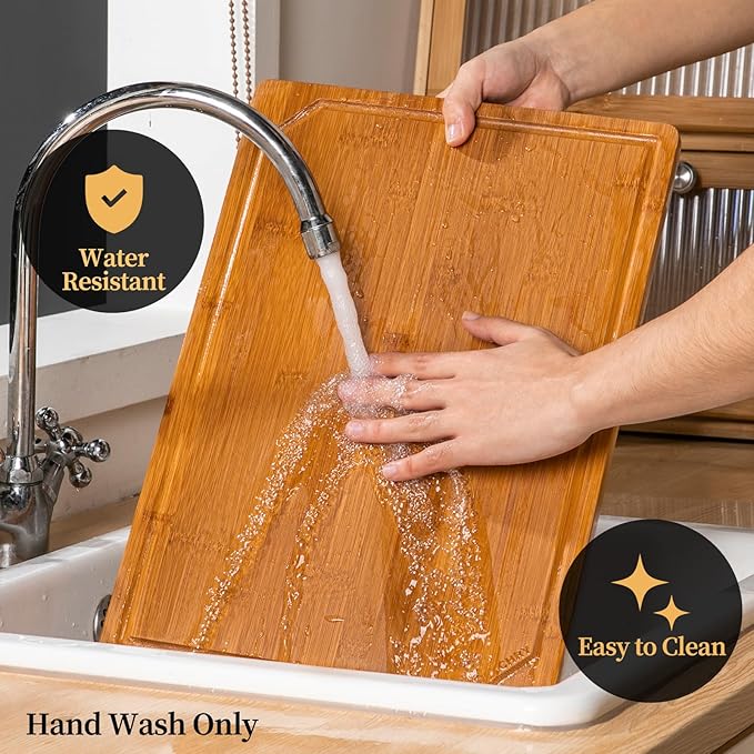 THETCHRY Wood Cutting Board for Kitchen,Non-slip Bamboo Cutting Board with Juice Groove & Handle,Charcuterie Chopping Board for Meat, Perfect Size for Prep & Serving,16.5''Lx11.6''Wx0.6''TH