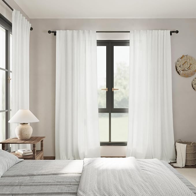 Nanspring Ivory Linen Curtains 63 Inches Length 2 Panels Set for Living Room Back Tab Pocket Natural Light Filtering Privacy Semi Sheer Drapes Cotton Linen Textured Window Curtain 52X63 Inches