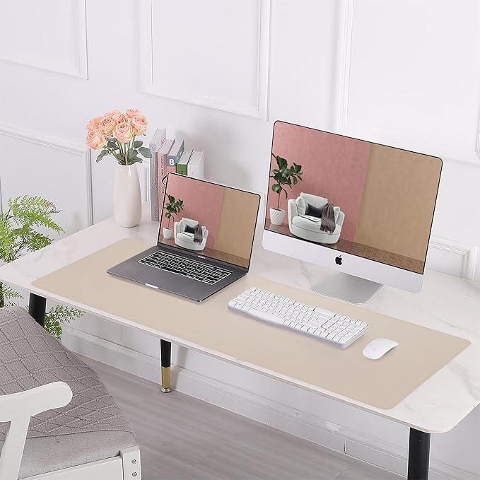 AFIING Cork Desk Mat 31.5" x 17", Waterproof Dual-Sided Cork & PU Leather Desk Pad, Non-Slip Desk Protector for Home Office, Workspace Setup & Gaming, Beige
