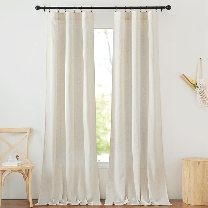 NICETOWN Flax Linen Curtains for Living Room, Rod Pocket & Back Tab Semi Sheer Window Treatments Privacy Added with Light Filtering for Bedroom/Living Room, Natural, W42 x L95, 2 Panels
