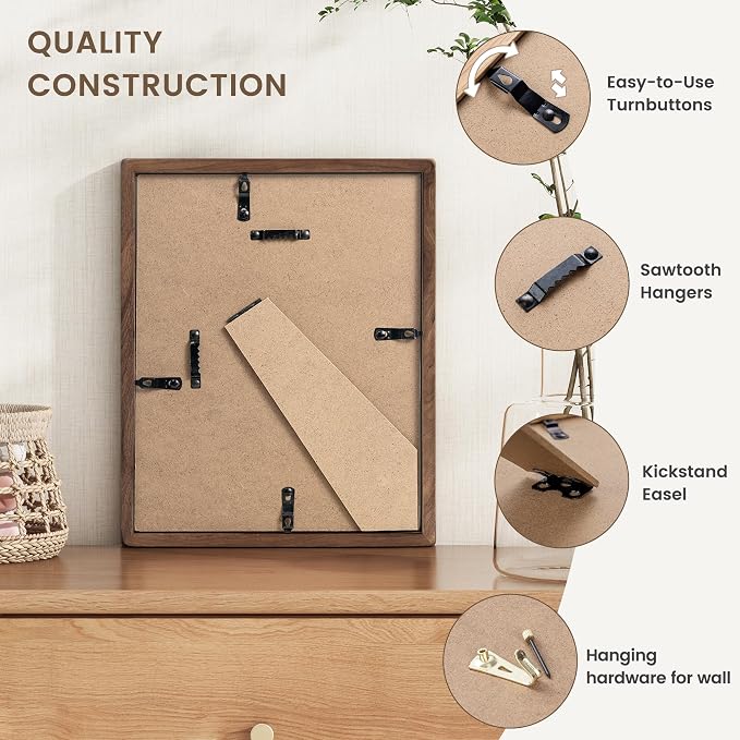 8.5 by 11 Picture Frame, USA-Sourced Walnut Wood Photo Frame with HD Tempered Glass, Handcrafted Rounded Corner 8.5x11 Wooden Picture Frames Matted to 6x8 Photos, Tabletop or Wall Display-2p | Hd Tempered Glass