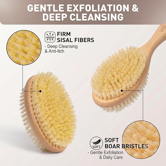 Short-Handle Dual-Sided Bath Massage Brush, Soft Boar & Firm Sisal Bristles, Portable (Natural Beech Wood)