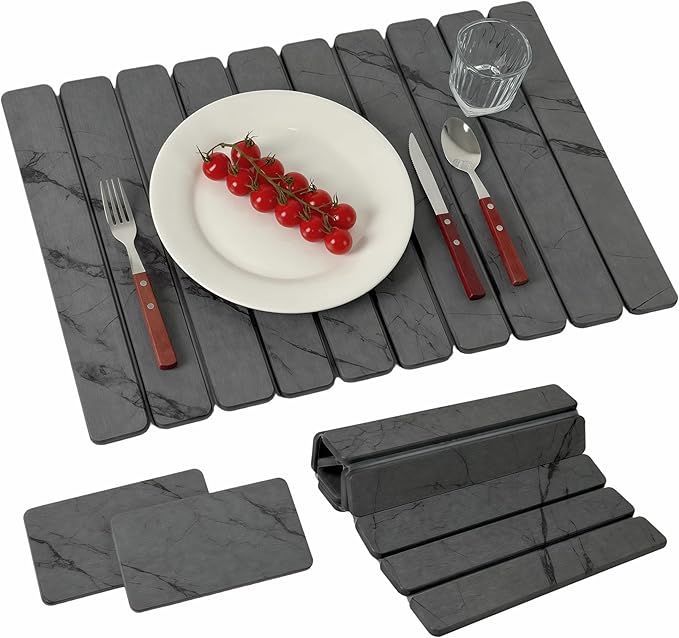 Diatomaceous Earth Stone Dish Drying Mat for Kitchen Counter – Quick Drying Mat Set (1*Large 23"×15.5" & 2*Small 7.5"×4") | Kitchen Drying Mat for Dishes, Cups & Utensils, Sink Mat (Grey Marble)