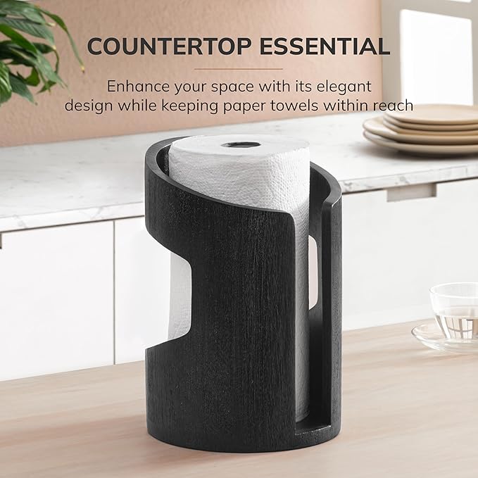 Anji Mountain Wooden Paper Towel Holder Countertop with Mango Wood Round Base and Iron Holder, Holder Stand for Kitchen Roll Organizer & Kitchen Dining Table Home Decor - Black/Black, Arc Hold
