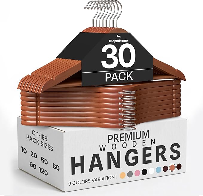 Utopia Home Premium Wooden Hangers 30 Pack - Durable & Slim Coat Hanger - Suit Hangers with 360-Degree Rotatable Hook - Wood Hangers with Shoulder Grooves (Cherry)