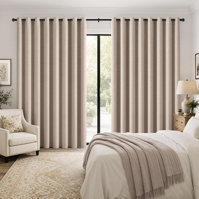 MIULEE Extra Wide 100% Blackout Curtains for Sliding Glass Doors Linen Textured W100 x L90 inch Panel Beige Thermal Insulated Grommet Room Darkening Drapes for Patio Living Room Bedroom, 1 Panel Set