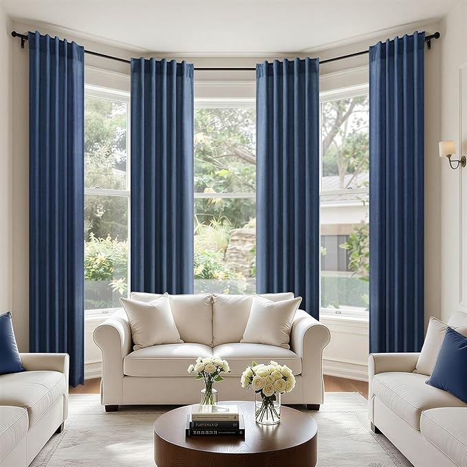 Pitalk Navy Blue Curtains 38 Inch Wide for Small Window 2 Panel Back Tab Rod Pocket Linen Semi Sheer Cafe Tier Narrow Curtains for Side Windows Kitchen Door Basement Laundry Room Width 38x45 Length