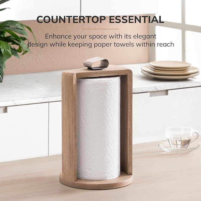 Anji Mountain Wooden Paper Towel Holder with Iron Holder, Holder Stand for Kitchen Roll Organizer & Kitchen Dining Table Home Décor, Countertop Fits Jumbo & Mega Rolls - Biscotti/Nickel, Top Load