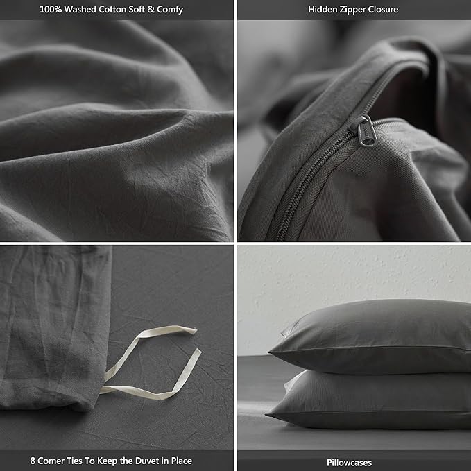 MooMee King Duvet Cover Set, 100% Washed Cotton Linen Like Twill Thick Sturdy Material Super Soft Breathable Durable Bedding for All Season, 3 Pieces (Dark Gray, King 104"x90")