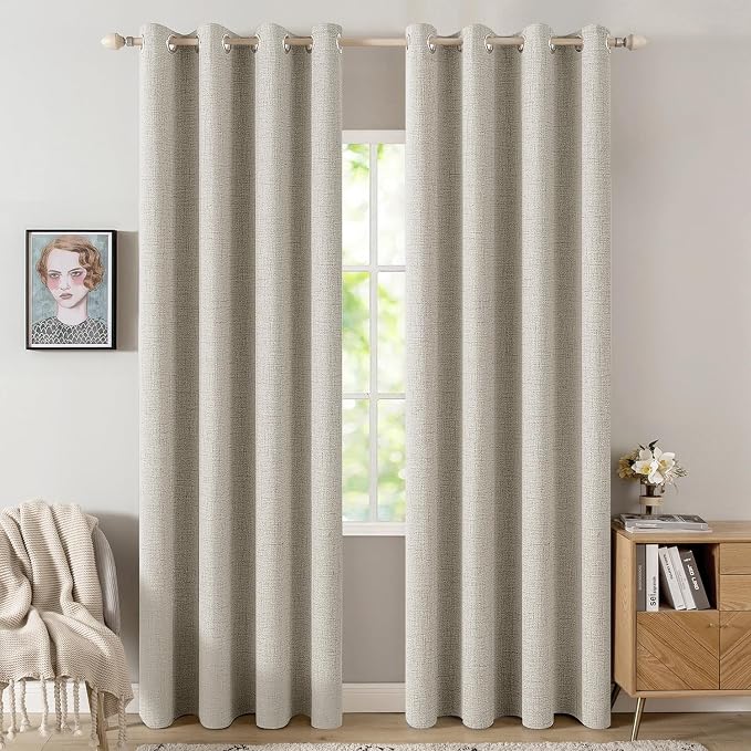 MIULEE 100% Blackout Linen Curtains for Bedroom Thermal Insulated Cobblestone Grommet Room Darkening Curtains & Drapes for Living Room 52 x 96 Inch (2 Panels)