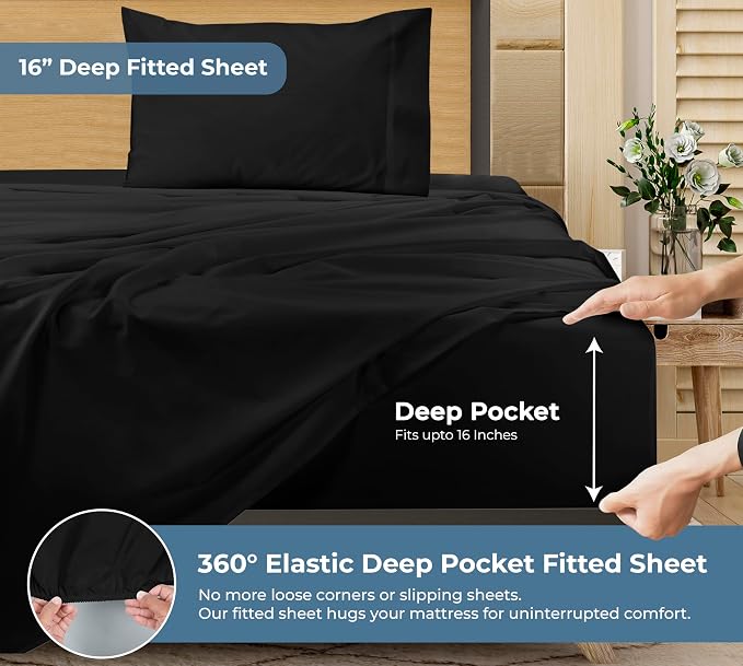ROYALE LINENS 100% Organic Cotton Twin Sheet Set - Percale Weave - 3 Pieces Set - 1 Flat, 1 Deep Pocket Fitted Sheet and 1 Pillowcases - Black Bed Sheets - Sábanas Twin - Crisp Cool (Black)