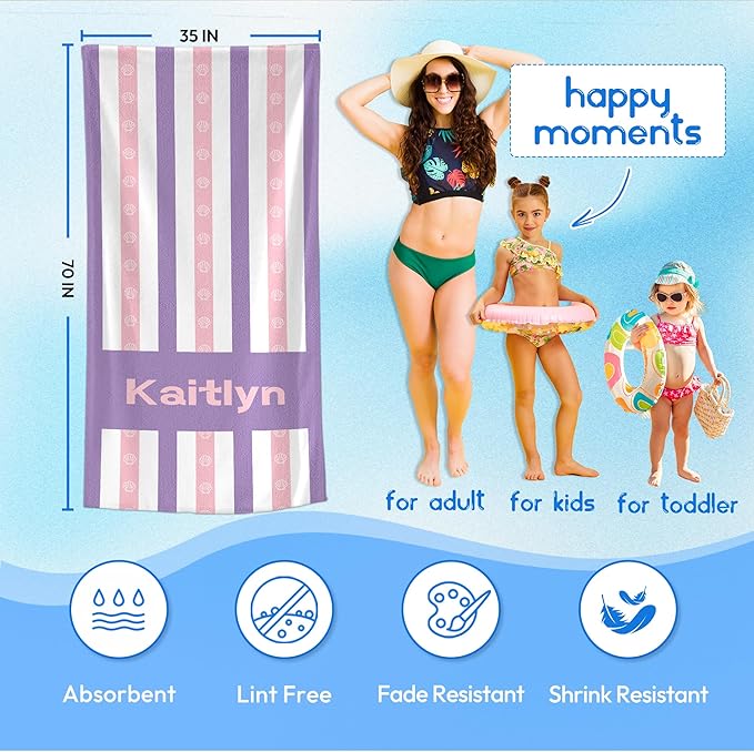JML Custom Beach Towel with Name, Personalized Microfiber Beach Towel with Name, Large, Soft, Quick Dry & Absorbent for Swim, Pool,Adult,Summer Holiday,Vacation,Travel,Gift for Anniversary, Birthday