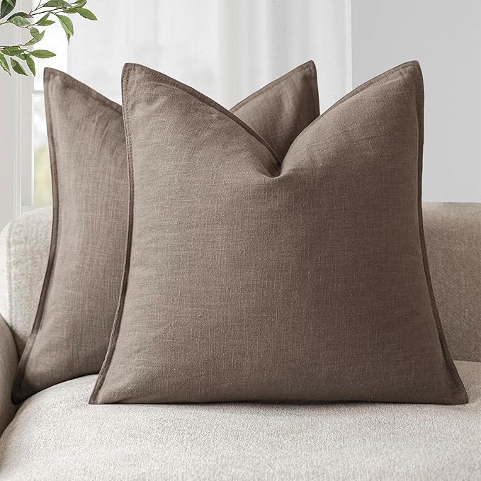 Foindtower Set of 2, Decorative Linen Soild Throw Pillow Covers Soft Accent Euro Cushion Case Farmhouse Neutral Pillowcase for Chair Couch Sofa Bedroom Living Room Home Decor 16 x 16 Inch Light coffee