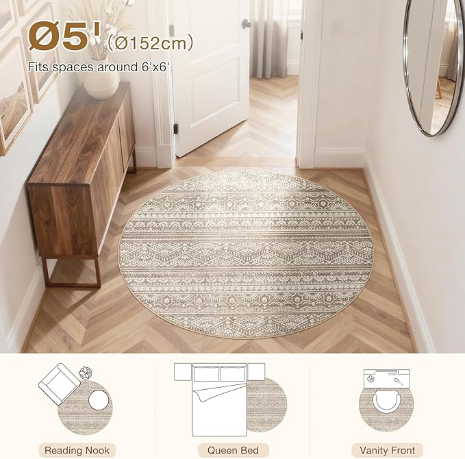 Tortania 5' Round Area Rug Living Room Rugs - Washable Large Soft Neutral Boho Moroccan Bohemian Farmhouse Rug Indoor Floor Carpet for Bedroom Under Dining Table Home Office Decor - Light Brown