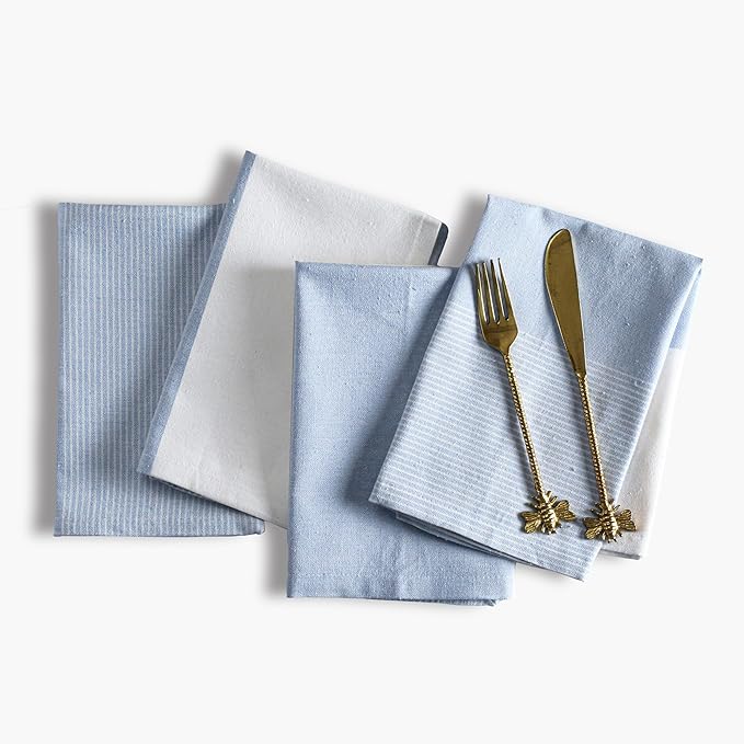 Ramanta Home Cloth Napkins Set of 4 18x18 Inches - Spring Basket Decor Block Striped Dinner Napkins for Easter Farmhouse Wedding, Washable Soft Cotton Durable Table Linen -Everyday Use - Light Blue