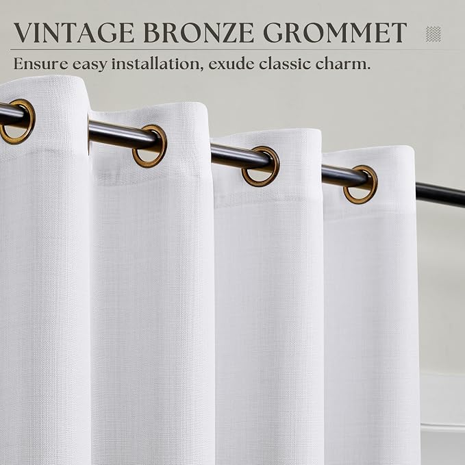 Pure White Curtains 105 Inch Long 2 Panels Set Bronze Grommet Window Semi Sheer Privacy Cotton Linen Modern Farmhouse Curtain Drapes for Living Room Bedroom, 50x105 in Long Snow White