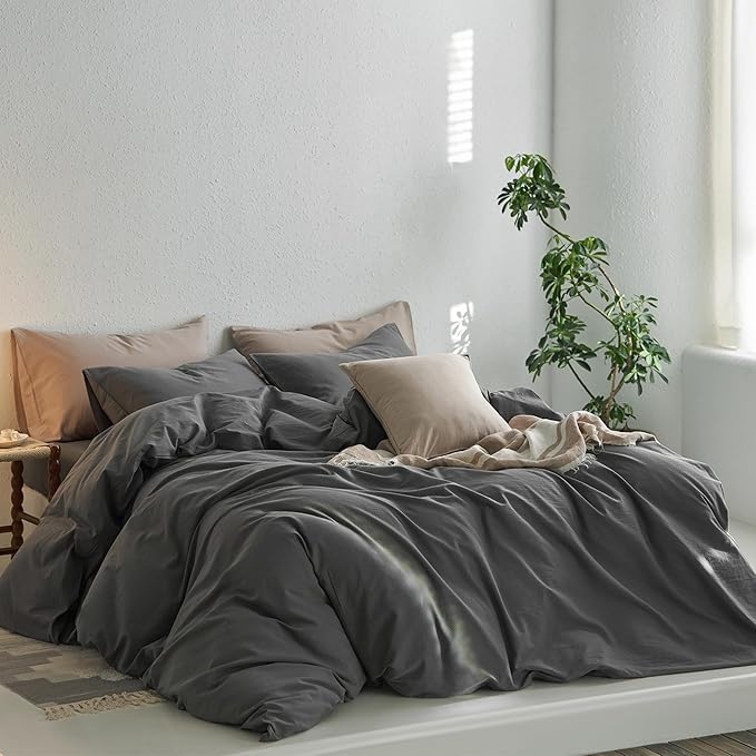 MooMee Full Duvet Cover Set, 100% Washed Cotton Linen Like Twill Thick Sturdy Material Super Soft Breathable Durable Bedding for All Season, 3 Pieces (Dark Gray, Full 80"x90")