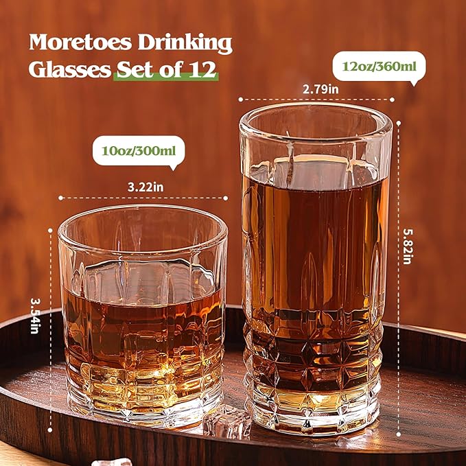 Moretoes Drinking Glasses Set of 12, 6 Highball Glasses 12 Oz,6 Rocks Glasses 10 Oz,Mixed Drink Cocktail Glass, Vintage Embossed Glassware Sets for Whiskey, Cocktails, Water & Juice