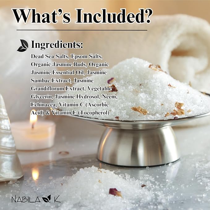 Organic Jasmine Bath Salts for Women & Men - Dead Sea Salt & Epsom Salt Soak and Scrub - Organic Jasmine Buds & Essential Oil, Cruelty-Free, Sulfate-Free | 8 oz | Nabila K