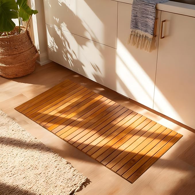Utoplike Teak Wood Kitchen Mat with Non-Slip Rubber Backing, Roll-Up Wooden Floor Mats for Standing at Sink, Stove, or Counter, Easy Clean for Entryway or Laundry Room