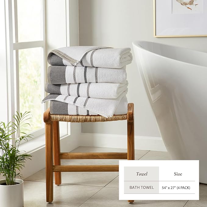 Great Bay Home Decorative Bath Towel Set - Cotton 4 Pack 54x27 Bath Towel Set - Durable Towels for Bathroom Decor (Dark Grey/Light Grey)
