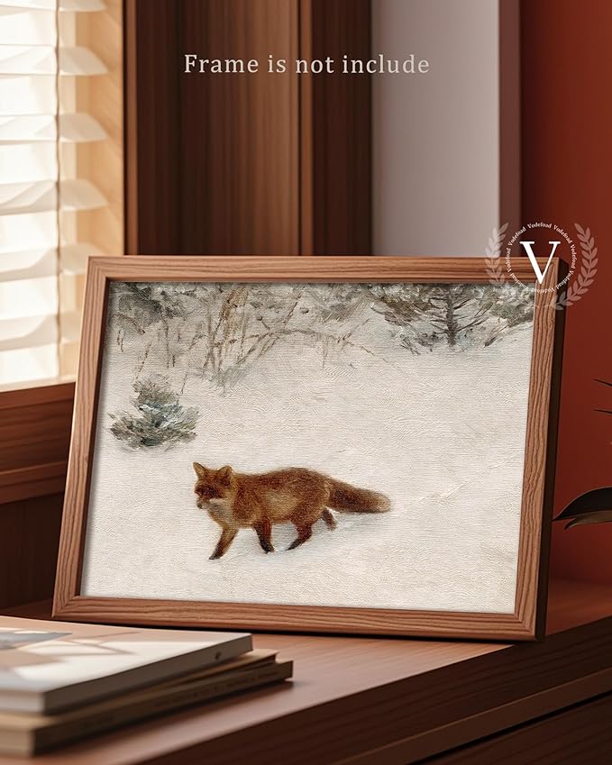 Vodefoad Vintage Fox in the Snow Winter Print Fox in Winter Christmas Retro Landscape Oil Painting Antique Winter Landscape Watercolor Animal Picture Aesthetic for Bedroom Bathroom Living Room Christmas Decor Painting Holiday Art - 8x10Inch Unframe