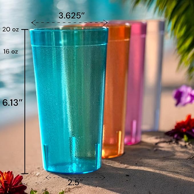 Oojami Set of 16 Plastic Tumblers, 20-Ounce Reusable Cups, BPA-Free & Shatterproof, Stackable Restaurant-Style Drinking Glasses for Water, Juice, and Everyday Use, Dishwasher Safe