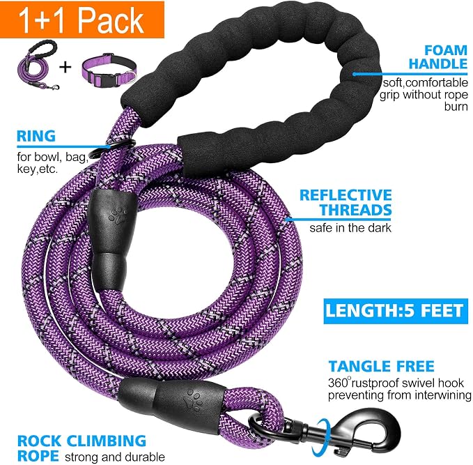 Ladoogo Reflective Dog Collar Padded with Soft Neoprene Breathable Adjustable Nylon Dog Collars for Small Medium Large Dogs (Small (Pack of 1), Purple Collar+Leash)