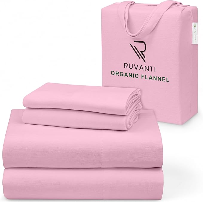 RUVANTI Flannel Sheets Full Size - GOTS Certified 100% Organic Cotton, 4 Piece Warm, Soft & Breathable Set, Deep Pocket Snug Fit, Double Brushed Cozy All Season Bedding, Soft Pink