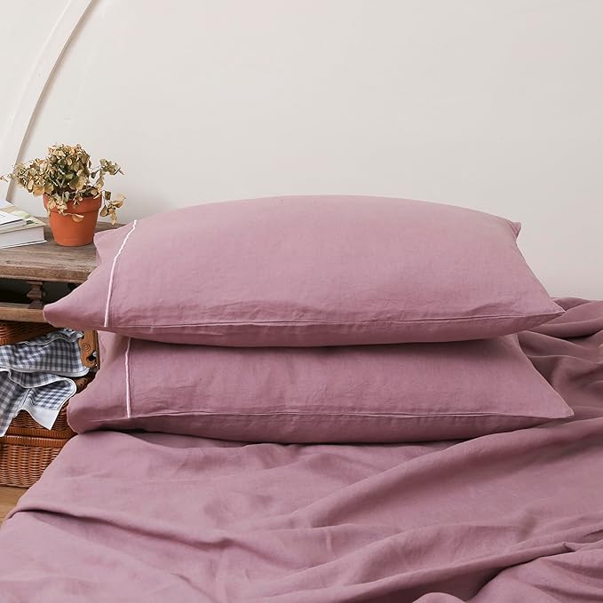 100% French Linen Pillowcases with Embroidery - Pack of 2 - Washed Solid Color Natural Flax Soft Breathable - Purple, 20'' x 40''