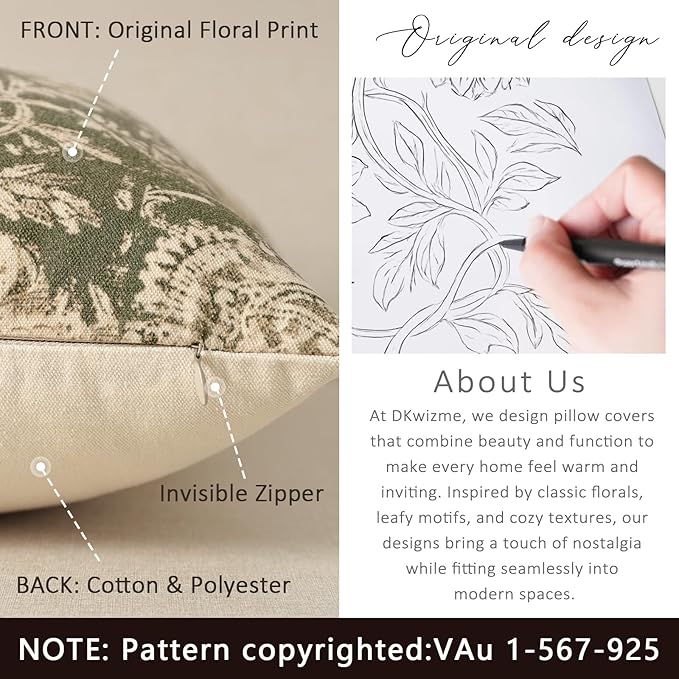 Vintage Floral Print Throw Pillow Covers 12x20 Set of 2 Neutral Modern Farmhouse Pillow Cases Accent Decorative Cushion Covers Boho Home Decor for Couch Sofa Chair Bed Living Room, Olive Green