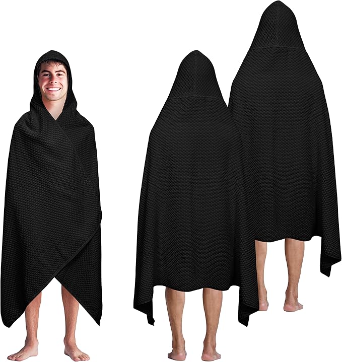 COTTON CRAFT Hooded Bath Towel – 2 Pack Oversized 35x70 Waffle Weave Towel with Hood for Adults - 100% Ringspun Cotton Pool Bath Sheet Wrap with Hood - Soft Super Absorbent Quick Dry – 450 GSM – Black