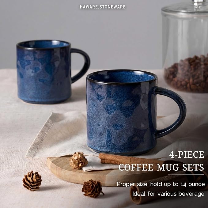 HaWare 14OZ Coffee Mugs Set of 4, Stoneware Coffee Cups with Handle, Latte Mug for Man, Woman, Dad, Mom, Modern Tea Mugs for Latte/Cappuccino/Cocoa/Milk, Dishwasher& Microwave Safe, Starry Blue