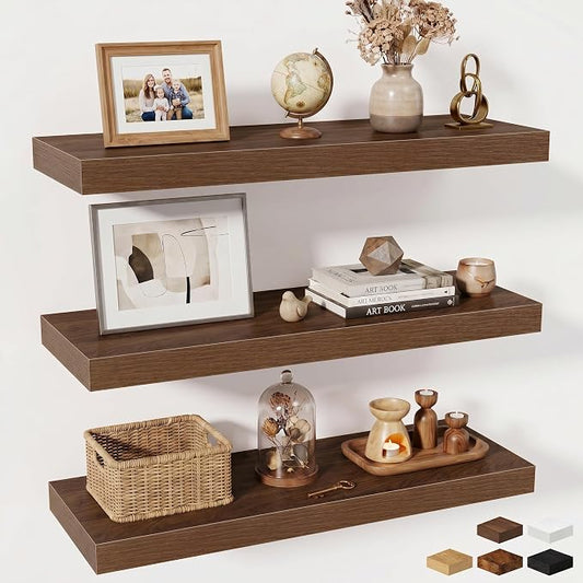 Fun Memories Floating Shelves for Wall, 30 Inch Long Floating Shelves Set of 3, 30 x 10 Wooden Shelves for Wall, Large Storage Shelves, Hanging Shelves for Bathroom Kitchen Bedroom, Walnut